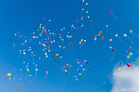 蓝色天空背景上的多彩气球飞行乐趣派对仪式橙子丝带自由生日阳光庆典图片