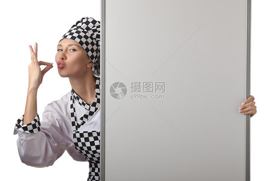 装有拉盘和空白板的烹饪女性饮食房子木板围裙帽子午餐厨师乐趣钢包图片