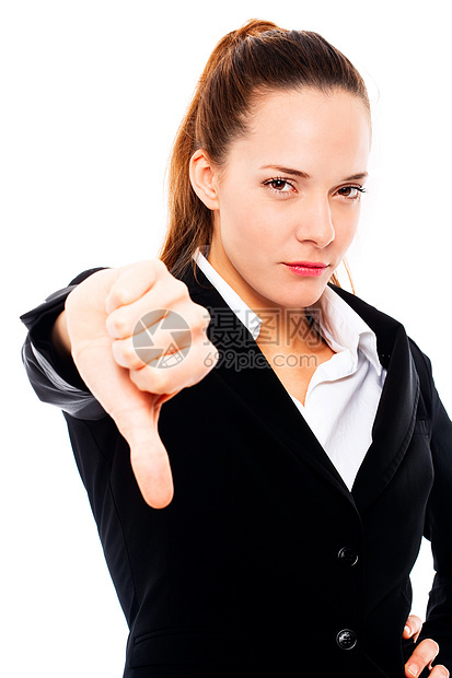 白人背景工作室中手拇指低落的重度商业女商务人士员工女性棕色女士雇员人士年轻人商务女子手势图片