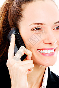 在白色背景演播室有移动手机的青年商业妇女长发面孔员工职业装女子成人棕色商务雇员人士图片