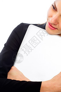 手持笔记本电脑的年轻女商务人士 在白色背景布告上商业技术工作员工商务雇员头发棕色工具职业装图片