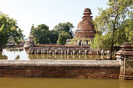 Ayutthaya的寺庙被洪水淹没遗产地标宗教历史地方蓝色纪念碑宝塔连体植物图片