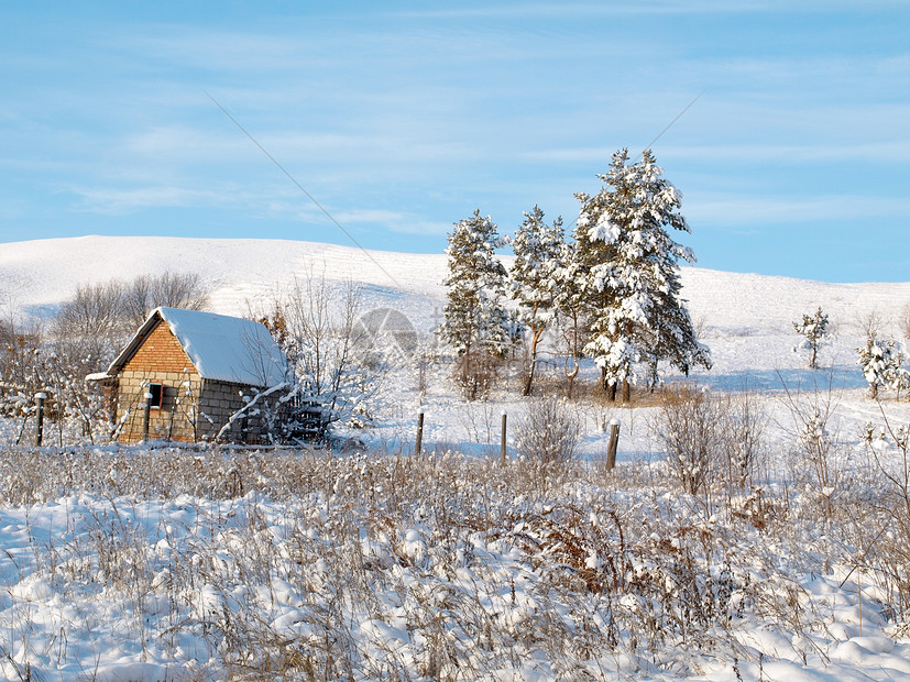 冬季风景休息蓝色晴天森林木头房子松树滑雪季节爬坡图片