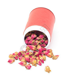 红罐里有干洗的玫瑰霜草本饮料粉色花瓣草本植物玫瑰白色花香植物红色图片