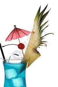 蓝库拉卡鸡尾酒菠萝玻璃酒精蓝色稻草食物反射果汁白色热带图片