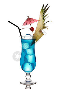 蓝库拉卡鸡尾酒食物派对糖浆玻璃果汁反射蓝色稻草菠萝酒精图片