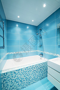 厕所室内风格马赛克浴缸地面建筑学住宅房间蓝色家具房子图片