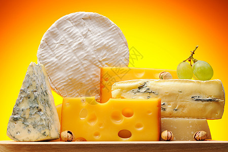各种奶酪种类静物羊乳食物模具产品开心果奶制品蓝色干酪木板图片