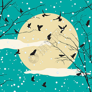 鸟类和树影蓝色装饰插图风格辉光艺术黑色星星森林月亮图片