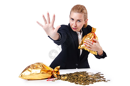 带着硬币和金袋的女人储蓄女士金子套装养老金人士成功解雇进步现金图片