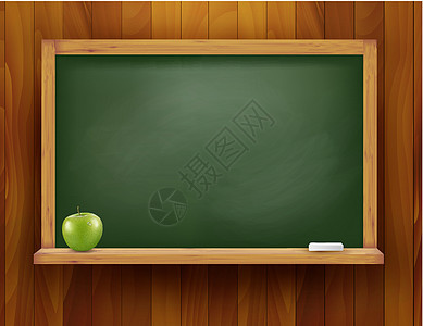 木质背景上印有绿苹果的黑板 矢量插图图片