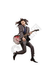 白色西装吉他玩家娱乐爵士乐男人音乐跳跃金属乐趣艺术家电气乐队图片