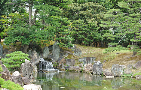 日本日本公园花园将军石头城市传统树木木头建筑学休息松树图片