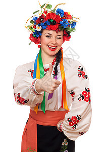 喜悦的年轻女子的肖像传统黑发花圈国家裙子手指装饰品民间戏服刺绣图片
