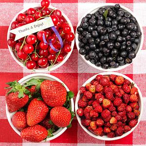 以碗为碗的野莓食物黑色红色蓝色桌布甜点水果团体盘子桌子图片