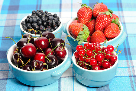 以碗为碗的野莓水果甜点蓝色团体桌子盘子红色桌布食物饮食图片