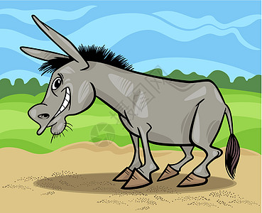 有趣的灰驴漫画插图吉祥物家畜草图天空乡村尾巴场地灰色快乐牧场图片