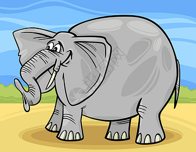 有趣的大象漫画插图獠牙天空生物动物耳朵微笑灰色大草原快乐沙漠图片