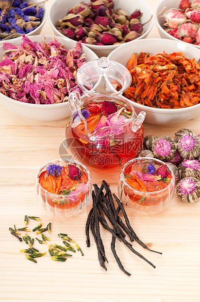香草天然花卉茶和干花茶壶茶点玻璃疗法叶子酿造花瓣饮料杯子药品图片