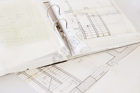 旧纸和项目档案的建筑设计图工程材料设计师建筑学地面草图办公室插图工程师建造工具技术图片