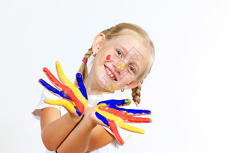 手上涂着油漆的幸福的孩子艺术品艺术喜悦绘画教育创造力快乐艺术家工艺指纹图片