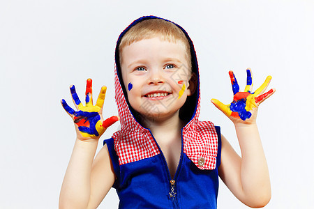 手上涂着油漆的幸福的孩子绘画手指身份工艺画家快乐乐趣幼儿园喜悦指纹图片