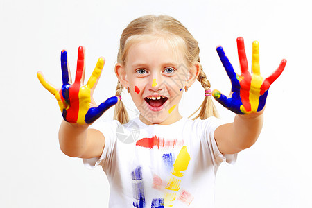 手上涂着油漆的幸福的孩子绘画艺术艺术家画家手指幼儿园教育工艺指纹乐趣图片