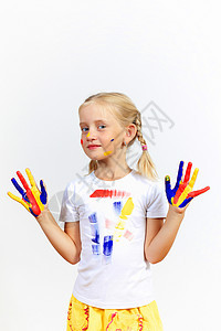 手上涂着油漆的幸福的孩子幼儿园画家童年快乐艺术家女孩绘画手指艺术品教育图片