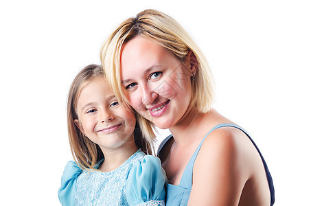 快乐的妈妈和女儿在白色家庭女性童年幸福女士喜悦母亲母性女孩微笑图片