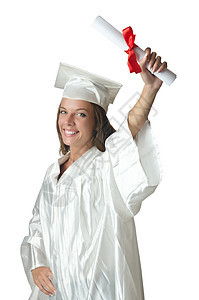 获得白人文凭的青年学生女性喜悦青少年幸福水平白色快乐成功学习砂浆图片