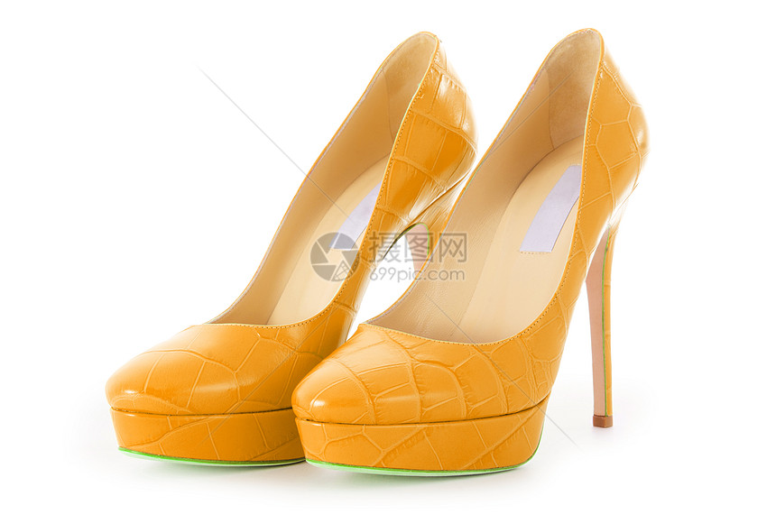 女性脱白妇女鞋齿轮短剑女士脚跟高跟鞋橙子凉鞋白色皮革图片