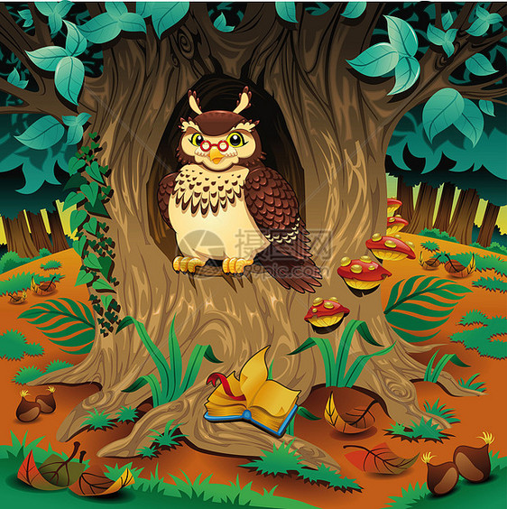 与猫头鹰的场景 与猫头鹰的场景故事翅膀卡通片雕鸮板栗叶子木头吉祥物寓言树干图片
