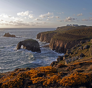 endLands End 康沃尔 从悬崖顶海滩海洋半岛岩石海浪天空日落石头海景支撑背景