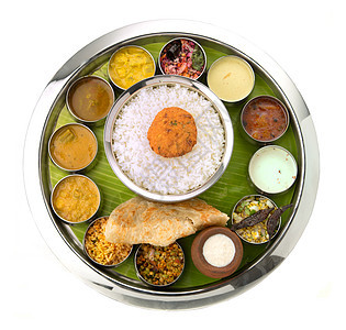 印度塔利人营养不锈钢煎饼沙拉午餐普里小吃食物自助餐蔬菜图片