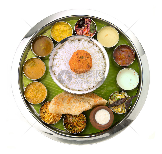 印度塔利人营养不锈钢煎饼沙拉午餐普里小吃食物自助餐蔬菜图片