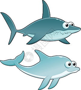 海豚和鲨鱼孩子动物蓝色哺乳动物海洋卡通片游泳图片