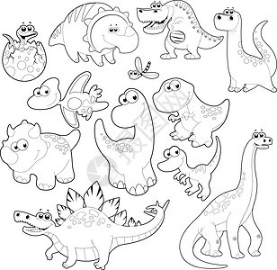 恐龙家族卡通片动物怪物微笑漫画黑色童年染色图片