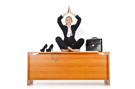 商业妇女静坐 孤立在白边上工作人士沉思职业商务专注冥想女性电脑压力图片