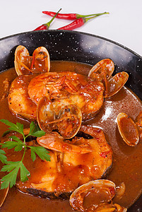 海食料餐厅服务食谱平底锅水平海鲜美食沙锅贝类蛤蜊图片