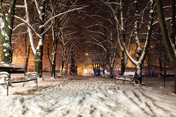 冬季公园雪堆季节降雪城市风景街道树木灯笼大街长椅图片