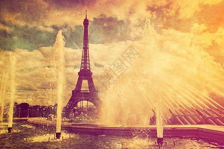 巴黎的艾菲尔铁塔 佛朗丝古老风格树木金属纪念碑地标国家棕褐色首都铁塔喷泉旅游图片