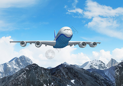 高山上空的白色客机土地航空旅行顶峰太阳阳光喷射高度翅膀运输图片