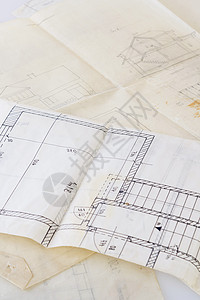 旧纸和项目档案的建筑设计图工程材料工作建筑学工具草图文书建筑办公室插图绘画文档图片