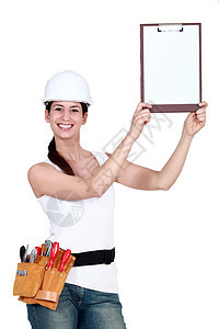 具有吸引力的女商务人士工人人士建造女士蓝色木板工具头盔帽子商务图片