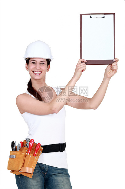 具有吸引力的女商务人士工人人士建造女士蓝色木板工具头盔帽子商务图片