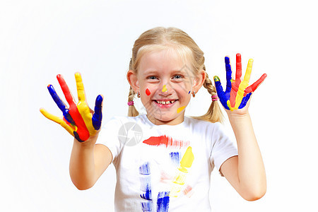 手上涂着油漆的幸福的孩子快乐喜悦幼儿园工艺指纹艺术身份女孩教育创造力图片