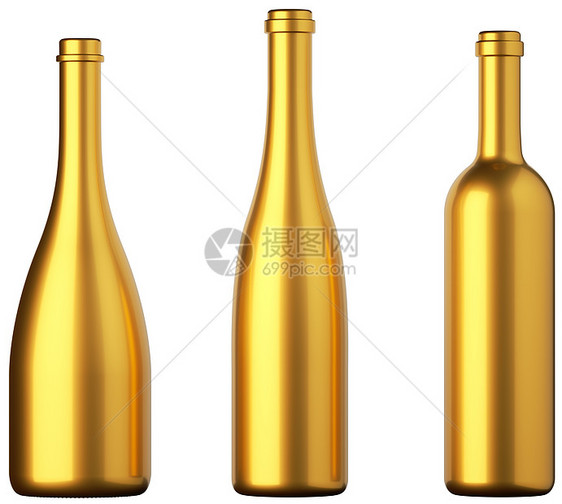 3瓶葡萄酒或饮料的黄金瓶子图片