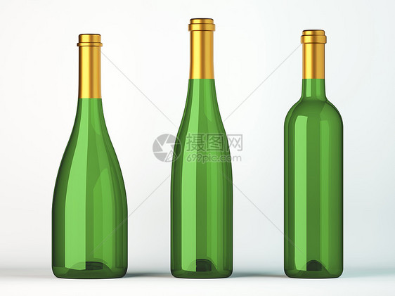 三瓶绿色酒 配有金色标签的红酒图片
