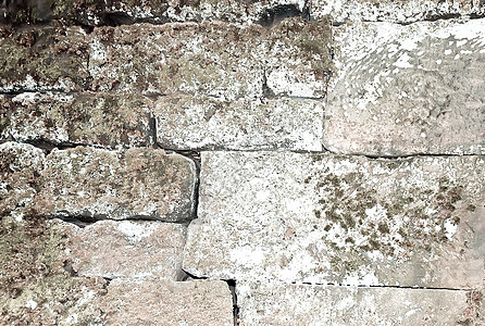 苔胱的旧墙宏观水平岩石地衣男人石头风化灰色绿色建筑图片