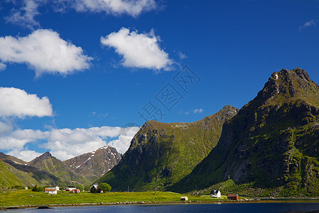 挪威风景山峰旅游村庄峡湾山脉胜地全景图片